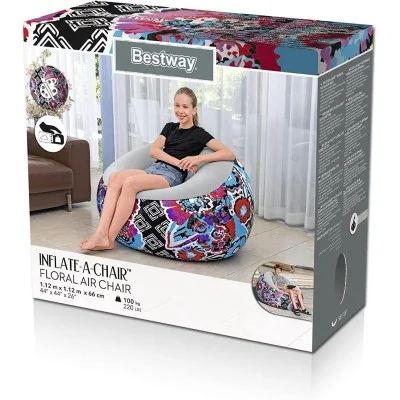Bestway 1.12m x 1.12m x 66cm inflate-a-chair floral air chair (contents:chair, repair patch,)